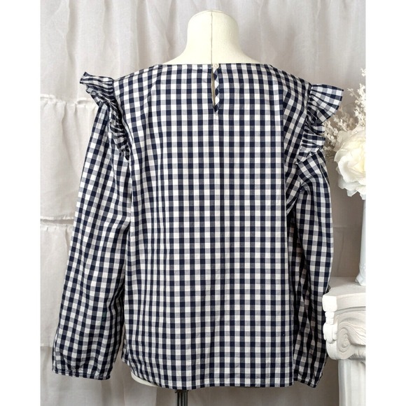 J. Crew Womens Navy Blue White Checkered Long Sleeve Blouse Ruffle Shoulder L - Picture 4 of 8